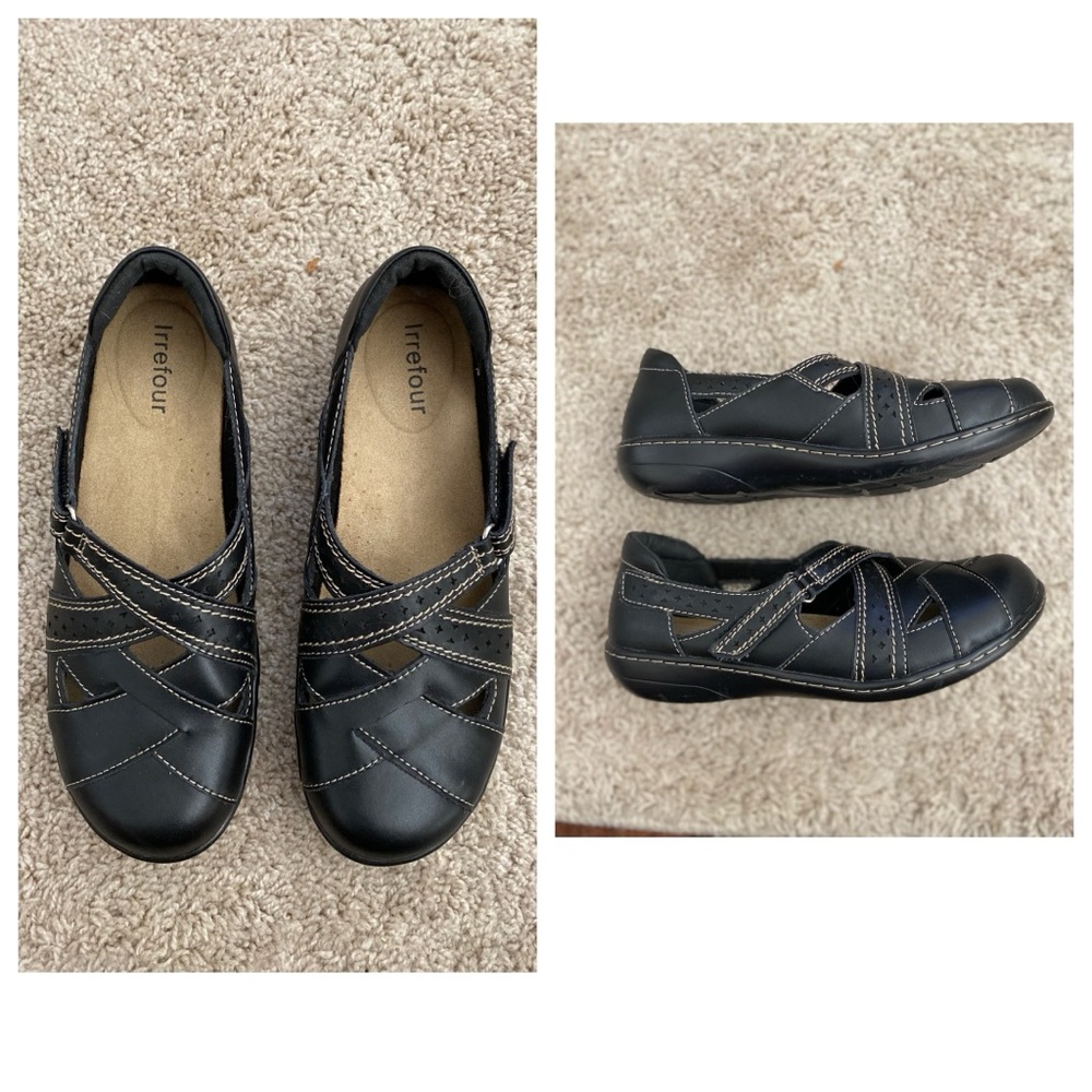 Irrefour women Black Leather hook loop strap Slip-On comfort wedge Loafer Sz 9 M
